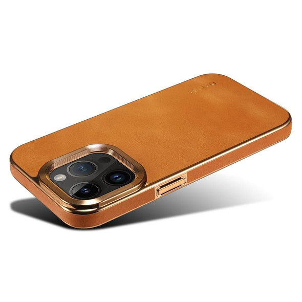 For iPhone 14 Pro Denior Cowhide Leatherette Plating Phone Case(Khaki)