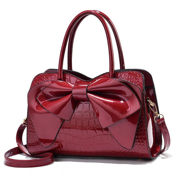 8111 Bow Bright Leatherette Ladies Handbag(Red Wine)