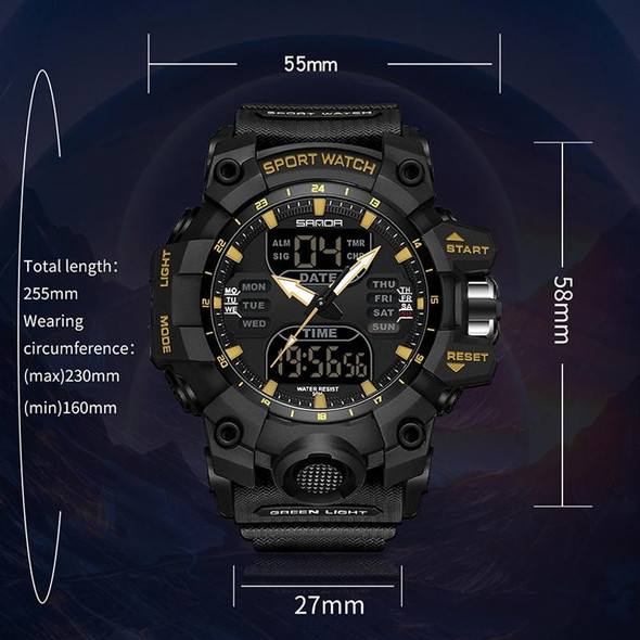 SANDA Green Light Alarm Clock Multifunctional Waterproof Shockproof Transparent Watch(Black Gold)