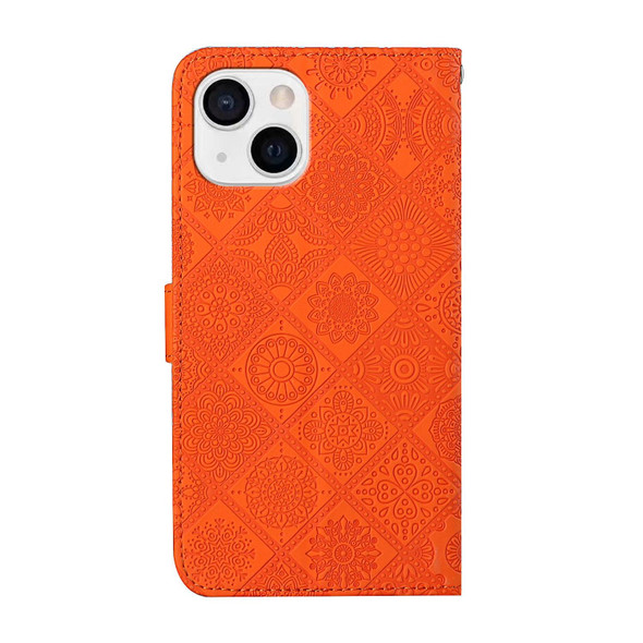 For iPhone 15 Ethnic Style Embossed Pattern Leatherette Phone Case(Orange)