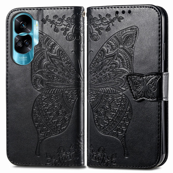 For Honor 90 Lite Butterfly Love Flower Embossed Leatherette Phone Case(Black)