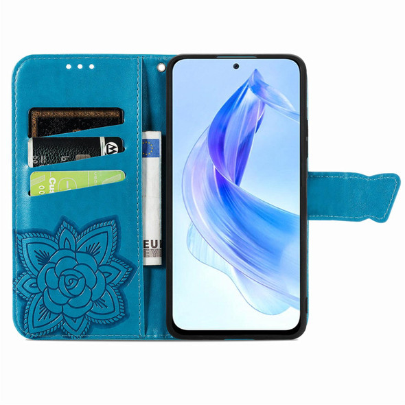 For Honor 90 Lite Butterfly Love Flower Embossed Leatherette Phone Case(Blue)