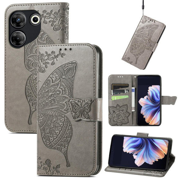 For Tecno Camon 20 Pro 5G Butterfly Love Flower Embossed Leatherette Phone Case(Gray)