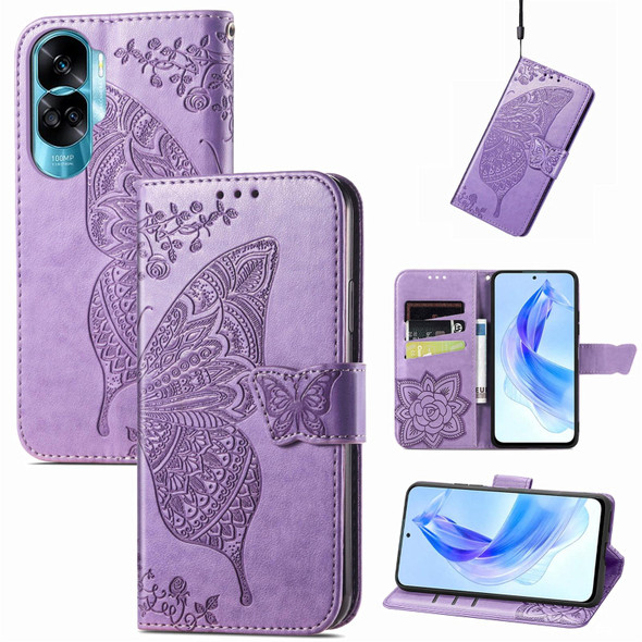 For Honor 90 Lite Butterfly Love Flower Embossed Leatherette Phone Case(Light Purple)
