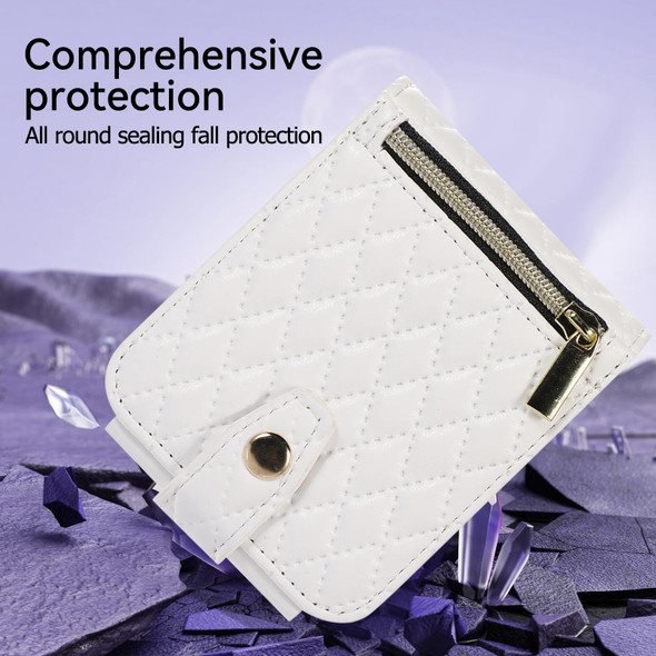 For Samsung Galaxy Z Flip4 Crossbody Diamond Lattice Folding Leatherette Phone Case(White)