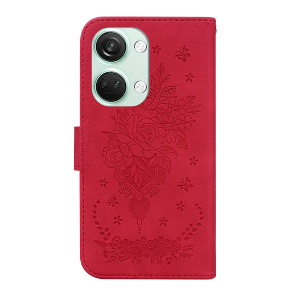 For OnePlus Nord 3 Butterfly Rose Embossed Leatherette Phone Case(Red)