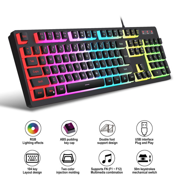 HXSJ L200 Wired RGB Backlit Keyboard 104 Pudding Key Caps(White)