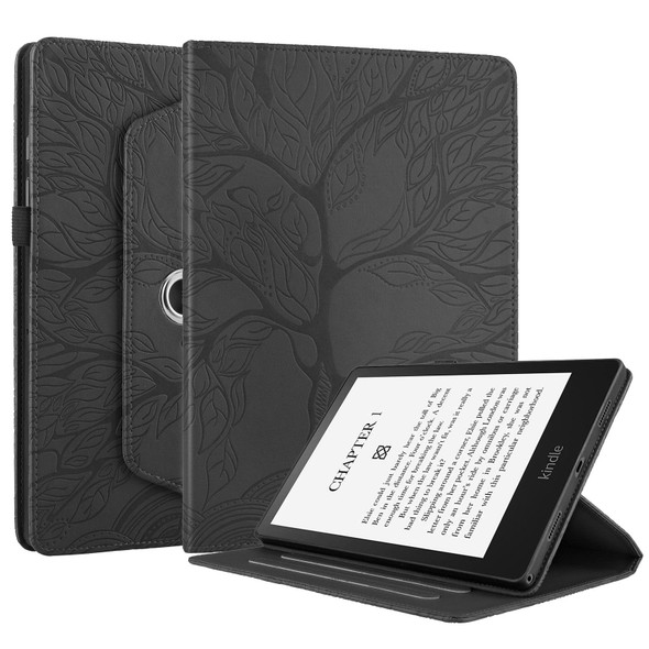 For Amazon Kindle Paperwhite 5 Tree Life Embossed Rotation Leatherette Smart Tablet Case(Black)