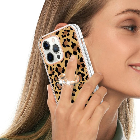 For iPhone 12 Pro Max Electroplating Dual-side IMD Phone Case with Ring Holder(Leopard Print)