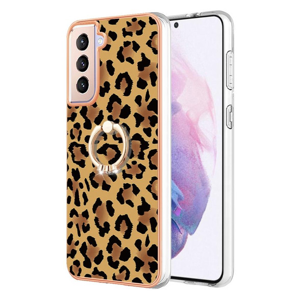 For Samsung Galaxy S21+ 5G Electroplating Dual-side IMD Phone Case with Ring Holder(Leopard Print)