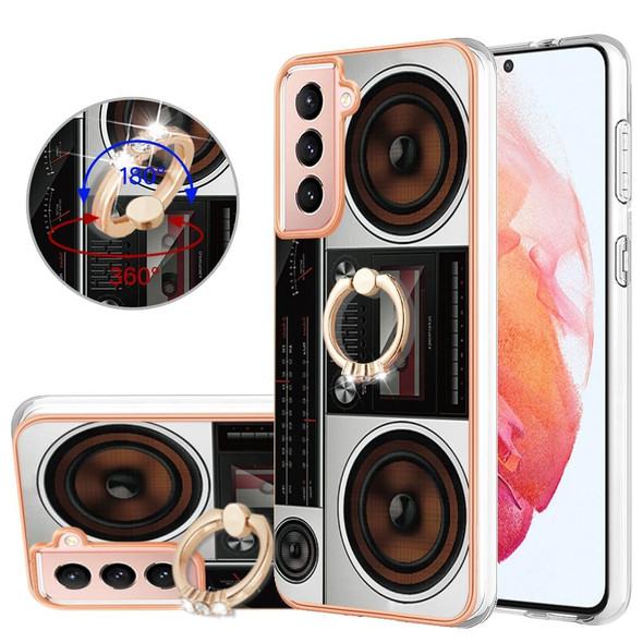 For Samsung Galaxy S21 5G Electroplating Dual-side IMD Phone Case with Ring Holder(Retro Radio)