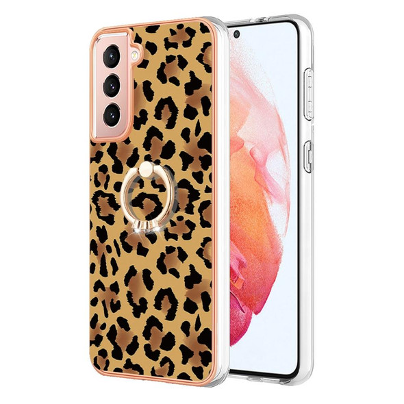 For Samsung Galaxy S21 5G Electroplating Dual-side IMD Phone Case with Ring Holder(Leopard Print)