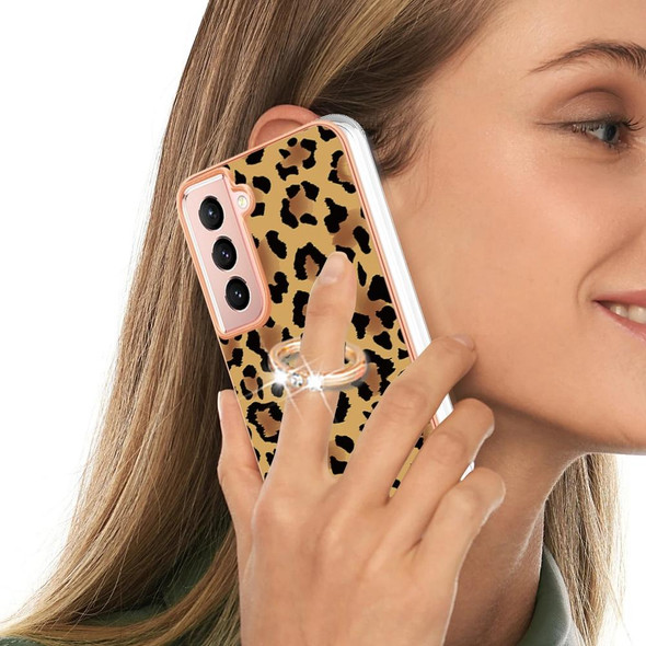 For Samsung Galaxy S21 5G Electroplating Dual-side IMD Phone Case with Ring Holder(Leopard Print)