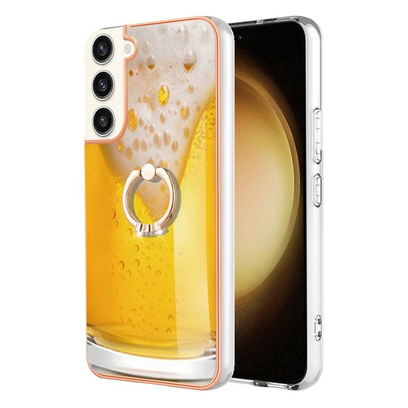 For Samsung Galaxy S22+ 5G Electroplating Dual-side IMD Phone Case with Ring Holder(Draft Beer)