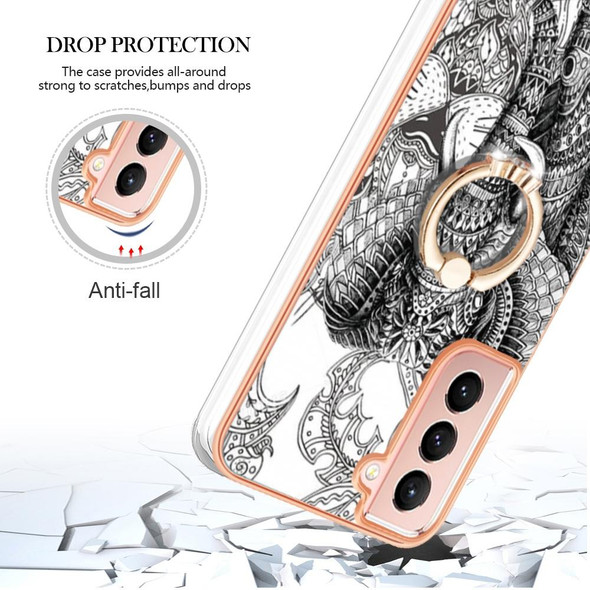 For Samsung Galaxy S21 5G Electroplating Dual-side IMD Phone Case with Ring Holder(Totem Elephant)