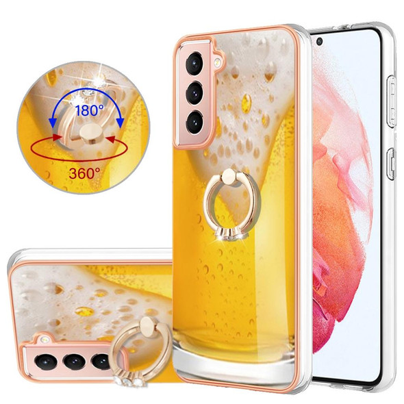 For Samsung Galaxy S21 5G Electroplating Dual-side IMD Phone Case with Ring Holder(Draft Beer)