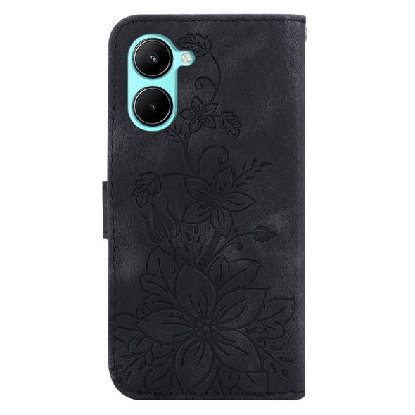 For Realme C33 Lily Embossed Leatherette Phone Case(Black)