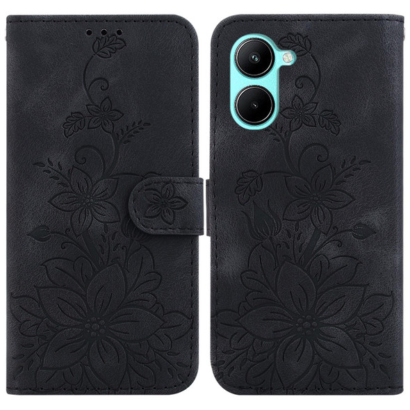 For Realme C33 Lily Embossed Leatherette Phone Case(Black)