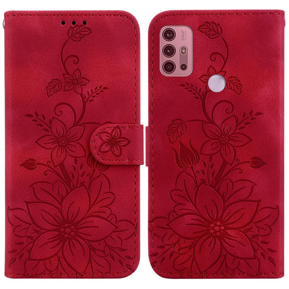For Motorola Moto G30/G10/G20/G10 Power Lily Embossed Leatherette Phone Case(Red)