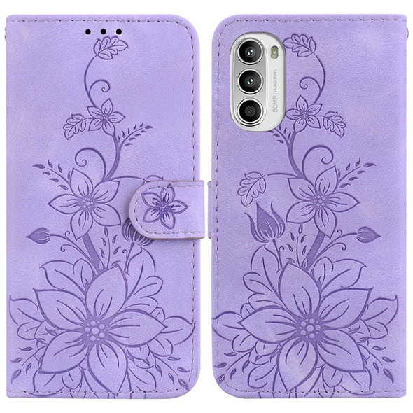 For Motorola Moto G52 Lily Embossed Leatherette Phone Case(Purple)