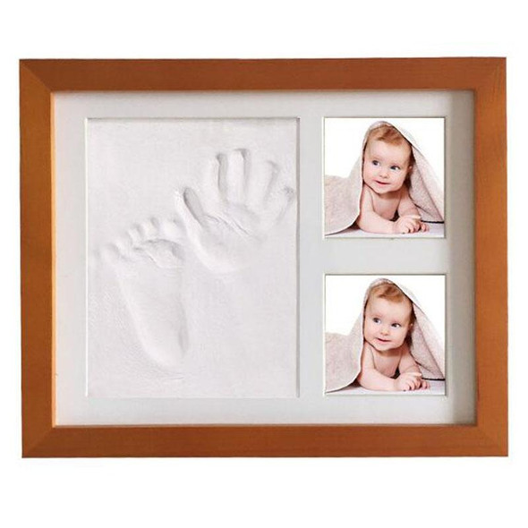 Solid Wood Three-frame BabyHands and Feet Mud Print Photo Frame with Cover(Brown Photo Frame White Mud)