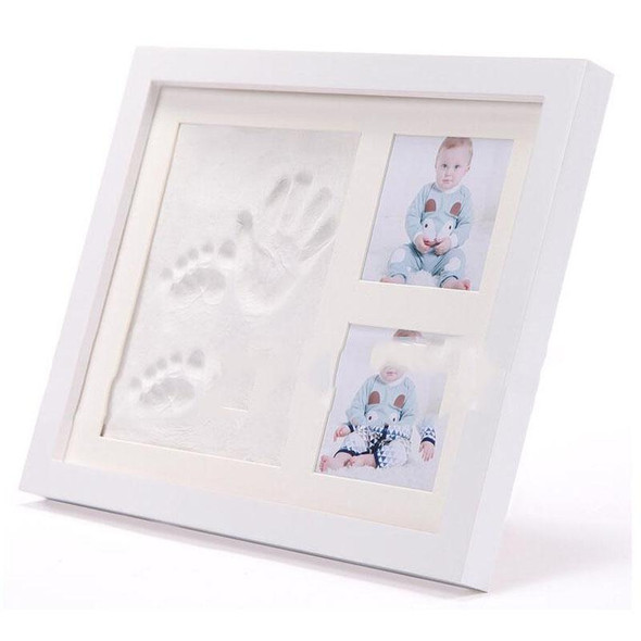Solid Wood Three-frame BabyHands and Feet Mud Print Photo Frame with Cover(White Photo Frame White Mud)