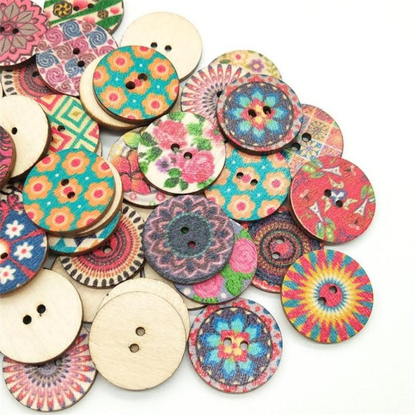 100 PCS Two-hole Round Printed Wooden Buttons DIY Clothing Buttons, Size:15 mm(Random Color Delivery)