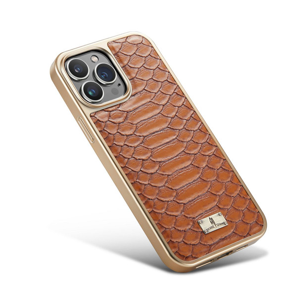 For iPhone 14 Fierre Shann Python Texture Electroplating PU Phone Case(Brown)