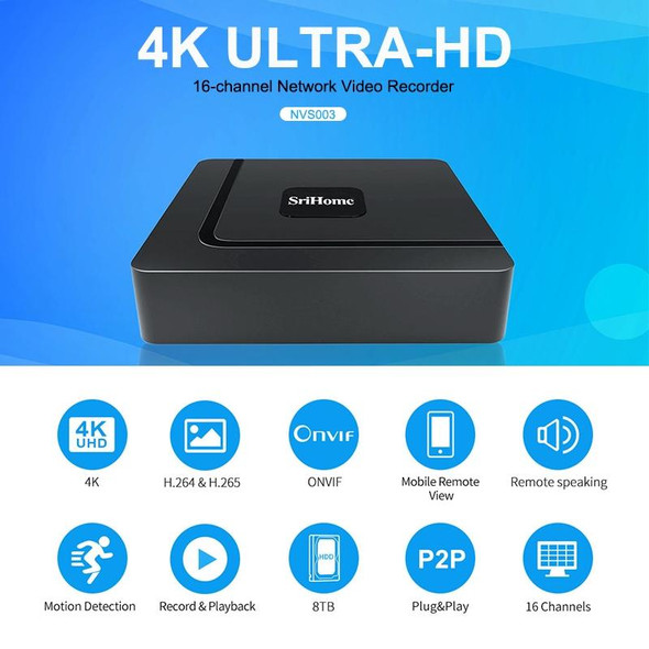 SriHome NVS003 4K Ultra HD 16 Channel Network Video Recorder, US Plug