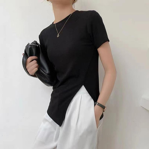 Women Summer Short-sleeved T-shirt With Hem Slit Design Round Neck Top, Size: XXL(Black)