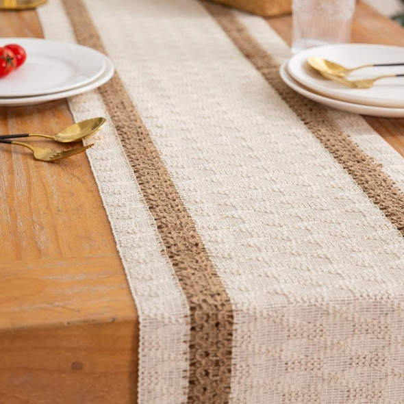 2 PCS Cotton and Linen Woven Colorblock Tassel Striped Rhombus Table Runner, Size: 30x220cm(Middle Hemp)
