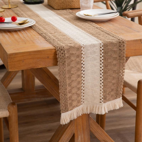 2 PCS Cotton and Linen Woven Colorblock Tassel Striped Rhombus Table Runner, Size: 30x180cm(Middle Cotton)