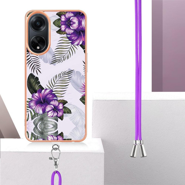 For OPPO A98 Electroplating IMD TPU Phone Case with Lanyard(Purple Flower)