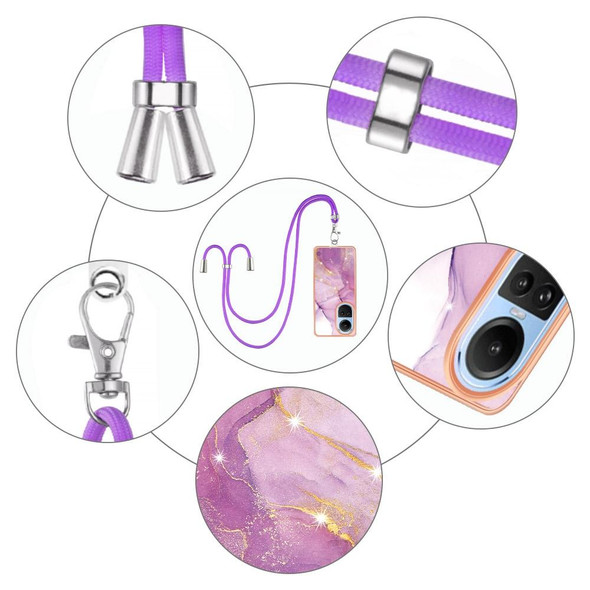 For OPPO Reno10 5G Global Electroplating Marble Dual-side IMD Phone Case with Lanyard(Purple 001)