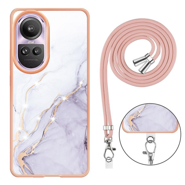 For OPPO Reno10 Pro 5G Global Electroplating Marble Dual-side IMD Phone Case with Lanyard(White 006)