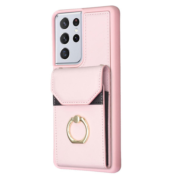 For Samsung Galaxy S21 Ultra 5G BF29 Organ Card Bag Ring Holder Phone Case(Pink)