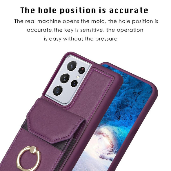 For Samsung Galaxy S21 Ultra 5G BF29 Organ Card Bag Ring Holder Phone Case(Dark Purple)