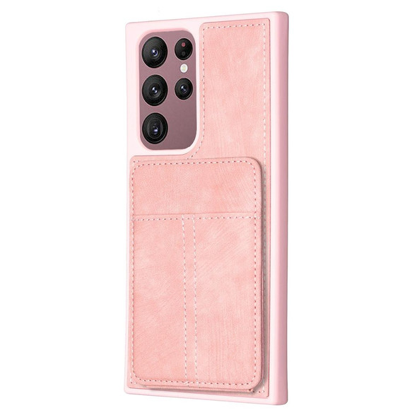 For Samsung Galaxy S22 Ultra 5G BF28 Frosted Card Bag Phone Case with Holder(Pink)