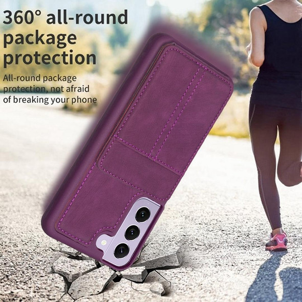 For Samsung Galaxy S21 FE 5G BF28 Frosted Card Bag Phone Case with Holder(Dark Purple)