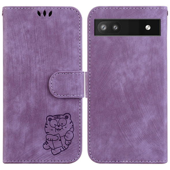 For Google Pixel 6a Little Tiger Embossed Leatherette Phone Case(Purple)