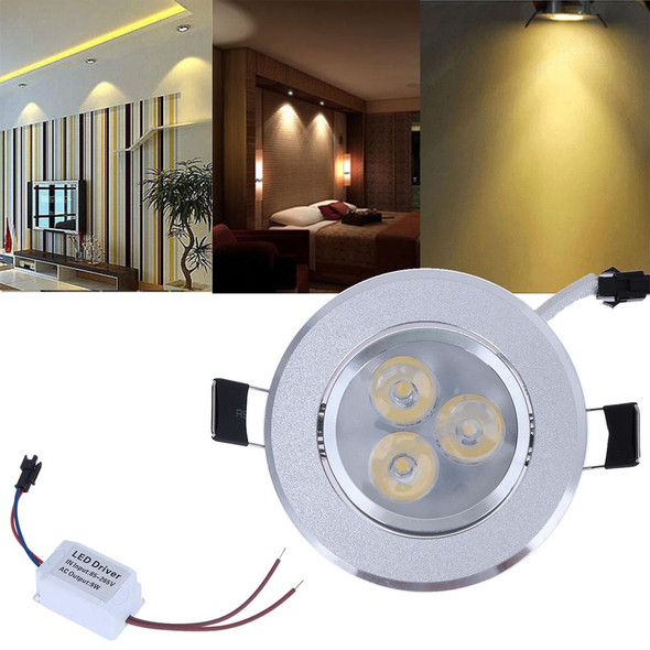 3W Ceiling Light Down Light with LED Driver, 3 LED, 270LM, Warm White Light, AC85V - 265V, Aluminum Material