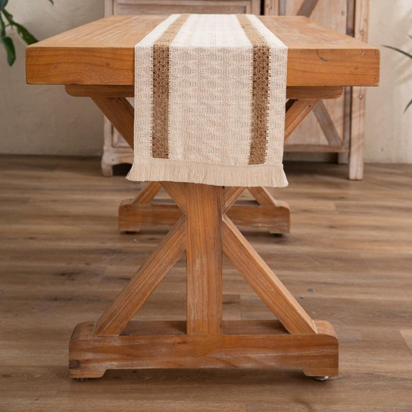 2 PCS Cotton and Linen Woven Colorblock Tassel Striped Rhombus Table Runner, Size: 30x120cm(2 Hemp + Diamond Lattice)