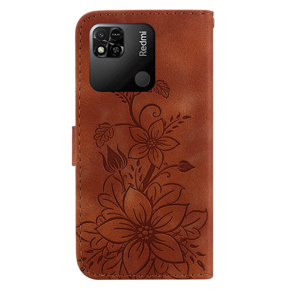 For Xiaomi Redmi 10A Lily Embossed Leather Phone Case(Brown)