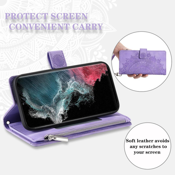 For Samsung Galaxy S22 Ultra 5G Multi-Card Totem Zipper Leatherette Phone Case(Purple)