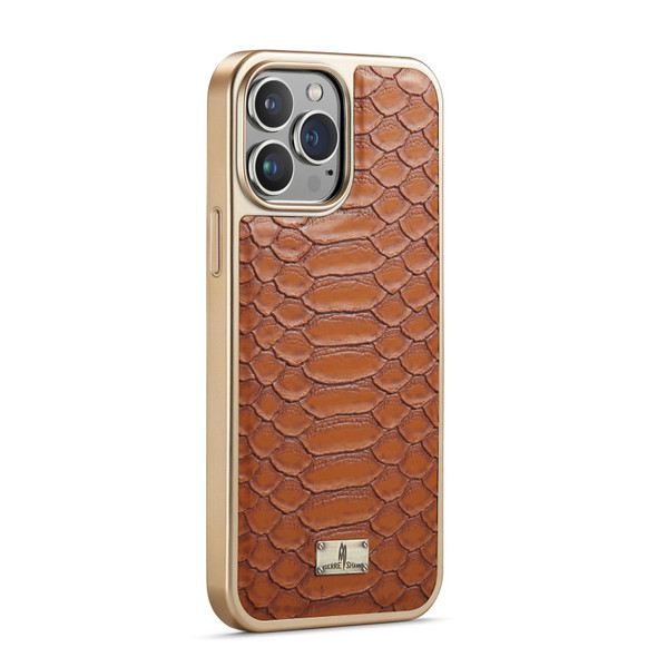 For iPhone 14 Pro Max Fierre Shann Python Texture Electroplating PU Phone Case(Brown)