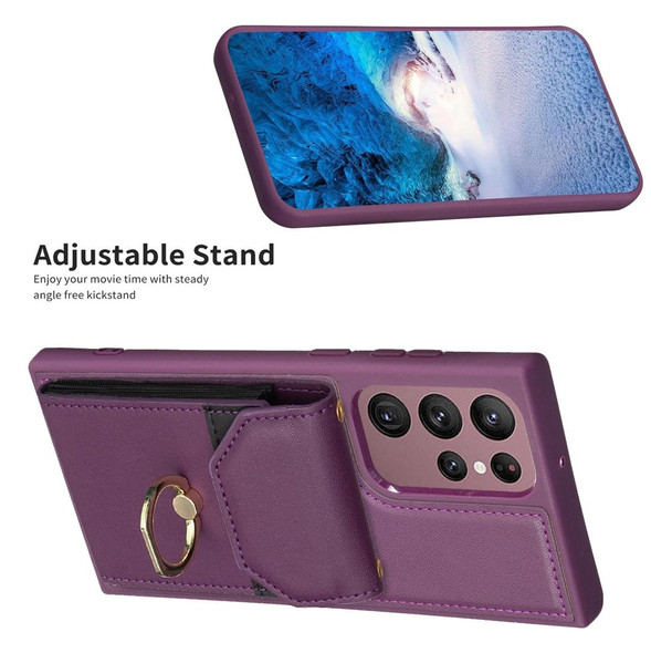For Samsung Galaxy S22 Ultra 5G BF29 Organ Card Bag Ring Holder Phone Case(Dark Purple)