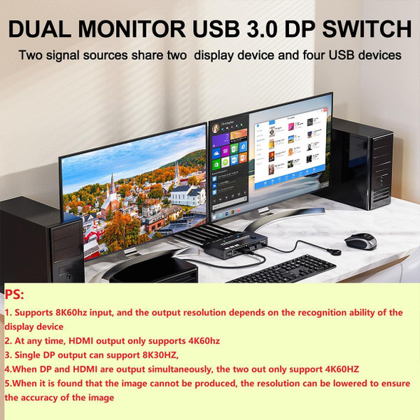 KC-KVM212DH 4K 60HZ USB3.0 DP Dual Display KVM Switcher with MST Dual Screen Extension Replication