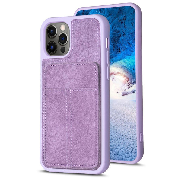 For iPhone 12 / 12 Pro BF28 Frosted Card Bag Phone Case with Holder(Purple)