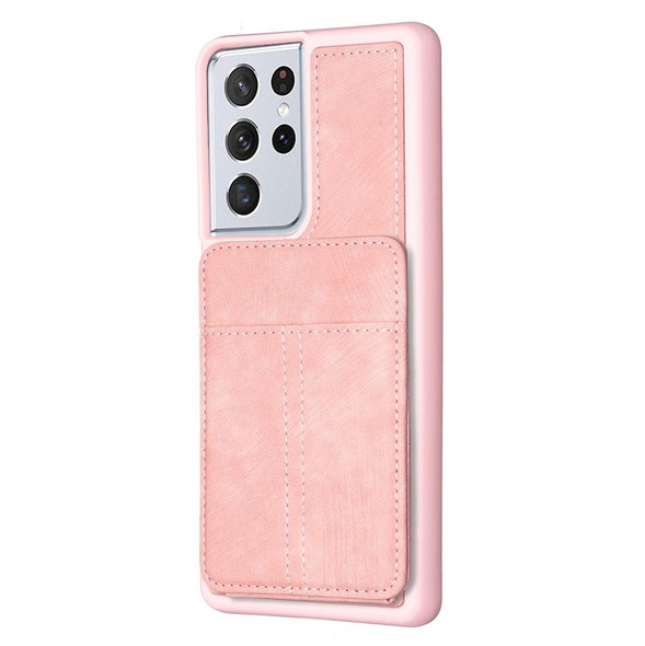 For Samsung Galaxy S21 Ultra 5G BF28 Frosted Card Bag Phone Case with Holder(Pink)