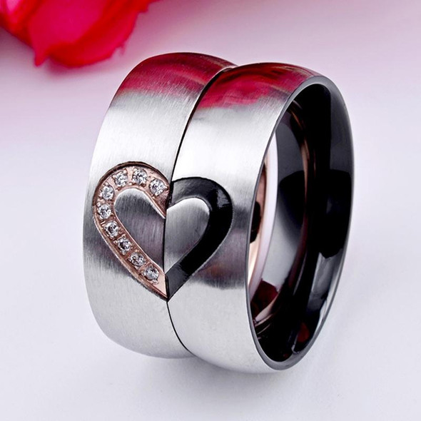 Fashion Rhinestone Love Heart Splice Couples Ring Fine Titanium Steel Ring for Men and Women(Silver without Diamond, US Size: 9)
